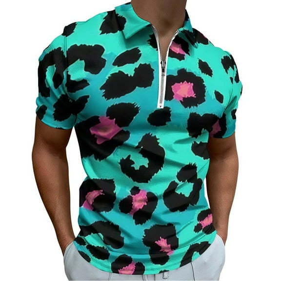 Blue Pink Leopard Skin Men Zipper T-shirt Summer Casual Short Sleeve T-shirt Top