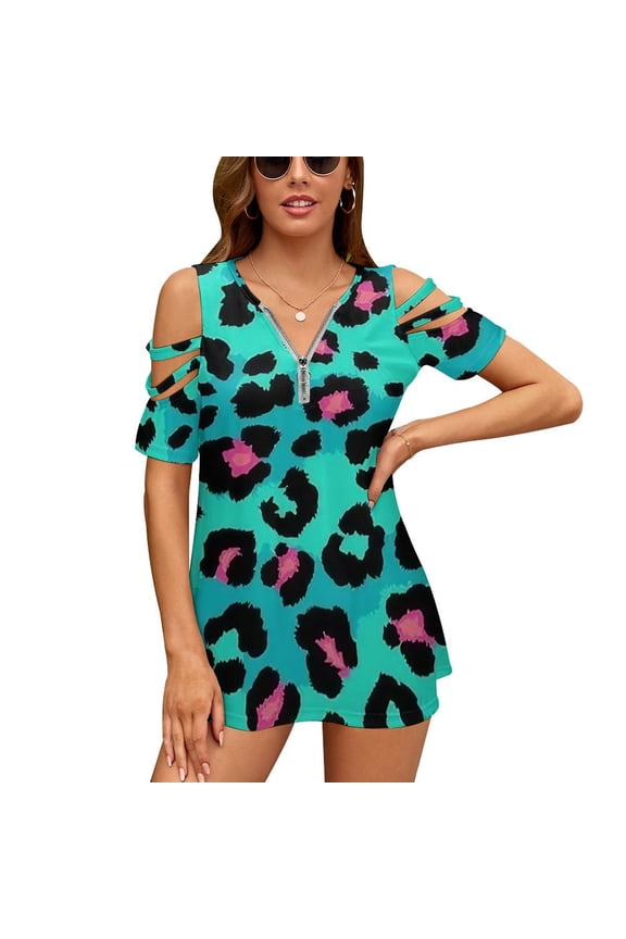 Blue Pink Leopard Skin Womens Summer V Neck Zipper Top Short Sleeve T Shirt Off Shoulder Top Casual Classy Loose Shirts