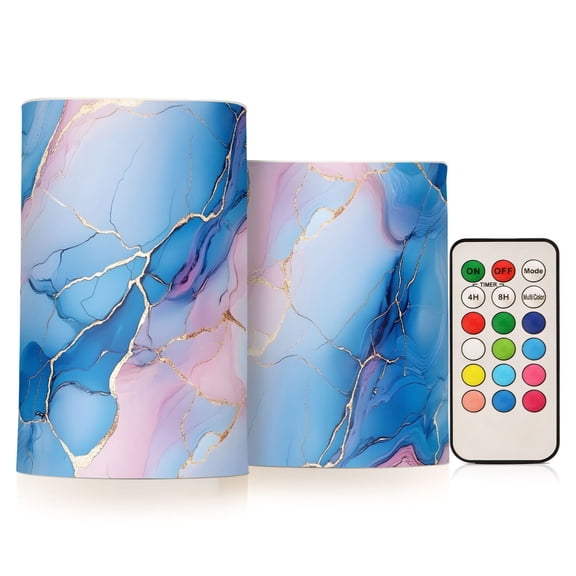 Blue Pink Marble Pattern Flickering Flameless Candles Battery Operated with Remote Timer LED Pillar Candles Set of 2