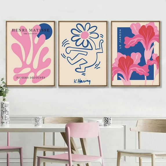 Blue Pink Matisse Flower Market Canvas WallPrints Set of 3 Modern Minimalist Posters Wall Decor Picture Neutral Botanical Plant Paintings for Gallery Bedroom Living Room Decorch Unframed