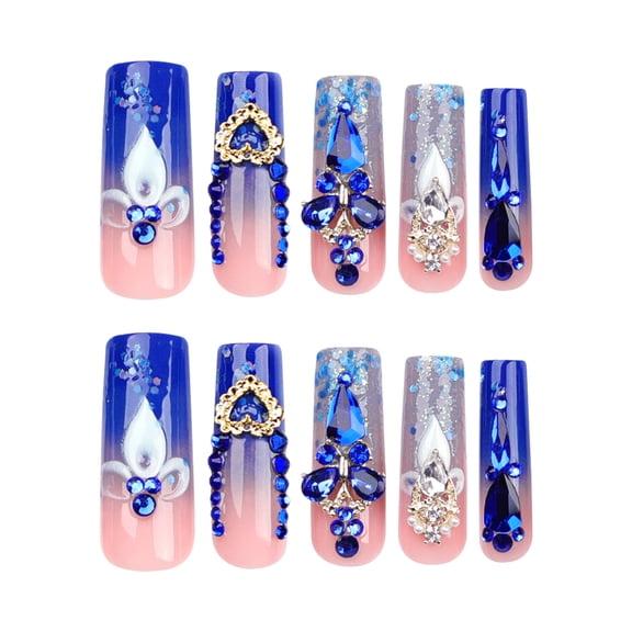 Blue Pink Ombre Flower Pattern Rhinestone Accent Press on Nails, Long Coffin Shape Glossy False Nails with Raised Detail, 24 Count
