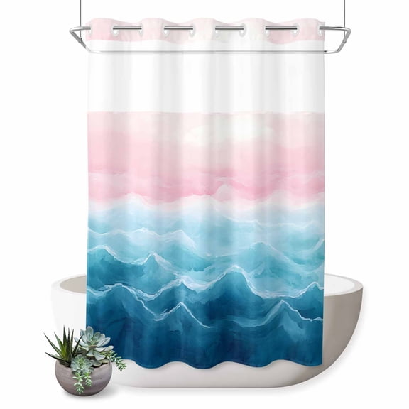 Blue Pink Ombre No Hook Shower Curtain Abstract Coastal Ocean Waves Gradient Shower Curtain with See Through Top Window, Waterproof Washable Fabric Curtain for Bathroom Hotel Decor, 60Wx72L