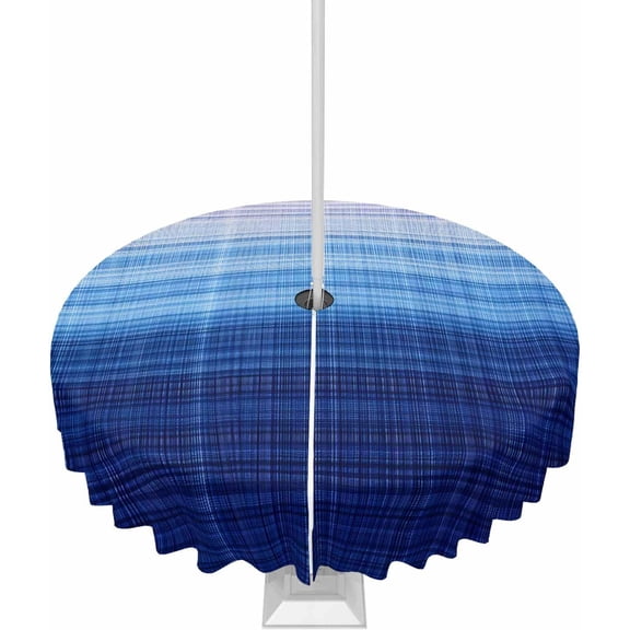 Blue Pink Ombre Outdoor Tablecloth with Umbrella Hole Round, Gradient Abstract Stripes Texture Waterproof Table Cloth Washable Wipeable Cover Spill Proof for Patio Spring Summer Picnic BBQ 60"