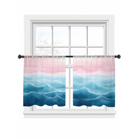 Blue Pink Ombre Sheer Curtains 2 Panels Set Abstract Coastal Ocean Waves Gradient Sheer Window Curtains Light Filtering Rod Pocket Voile Drapes for Bedroom Living Room 52"x45"