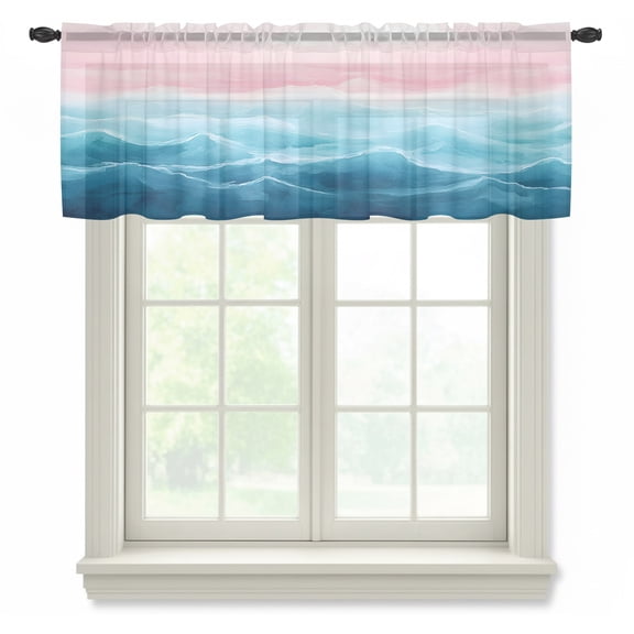 Blue Pink Ombre Sheer Valances for Windows Abstract Coastal Ocean Waves Gradient Semi Sheer Kitchen Valance Rod Pocket Small Window Voile Curtains for Living Room Bedroom Laundry 54 x 18 Inch