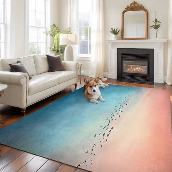 Blue Pink Ombre Sky Area Rug 5x8 FT, Non Slip Bedroom Throw Carpet, Modern Sunset Glow Bird Silhouette Washable Soft Floor Carpet Non-Shedding Rug for Living Room Nursery Dorm Office