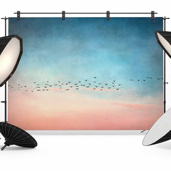 Blue Pink Ombre Sky Backdrop for Photoshoot,Photography Photo Studio Background Wall Backdrop,Modern Sunset Glow Bird Silhouette Back Drop Banner Panel for Portraits Wedding Live Streaming 7x5Ft