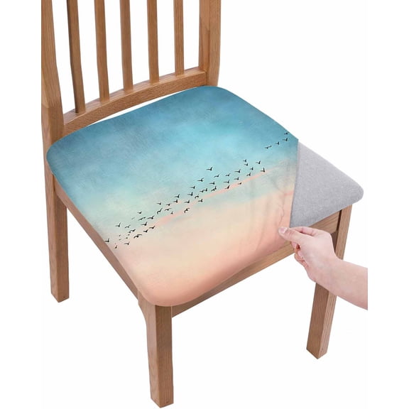 Blue Pink Ombre Sky Chair Seat Covers for Dining Room Stretch Chair Seat Covers Set of 2, Modern Sunset Glow Bird Silhouette Chair Seat Protector Cushion Slipcovers for Kitchen Restaurant Office