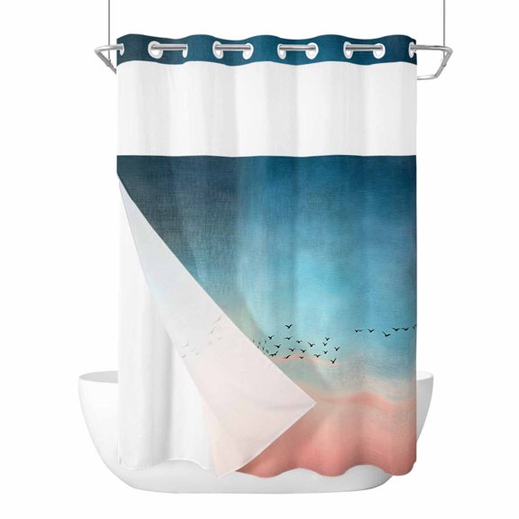 Blue Pink Ombre Sky No Hook Shower Curtain Waterproof,Bathroom Curtains with Snap in Liners and See Through Top Window,Modern Sunset Glow Bird Silhouette Hotel Style Bathtub Curtains Shower 60"Wx72"L