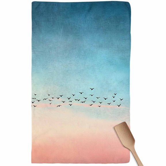 Blue Pink Ombre Sky Kitchen Towel Dish Cloths Set of 1, Microfiber Soft Kitchen Hand Towels, Modern Sunset Glow Bird Silhouette Absorbent Quick Drying Dishcloths 18 x 28 Inches