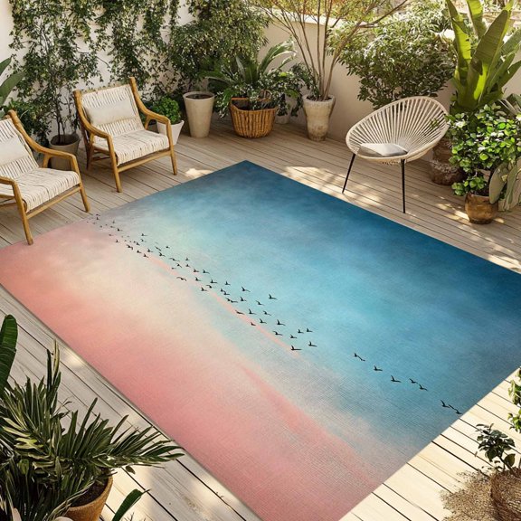 Blue Pink Ombre Sky Outdoor Rug 5x7 Ft - Reversible Patio Rug Outdoor Camping Rugs, Modern Sunset Glow Bird Silhouette Washable Indoor Outdoor Area Rugs, Non-Slip Outdoor Carpet Runner for Deck/Porch