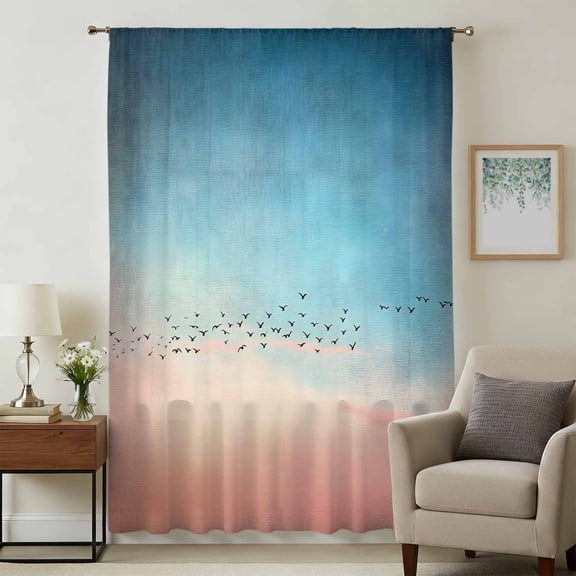 Blue Pink Ombre Sky Sheer Curtains 45 Inches Long, Modern Sunset Glow Bird Silhouette Light Filering Curtains, Breathable Simi Curtain Privacy Drapes for Kitchen Bathroom Small Window Treatment