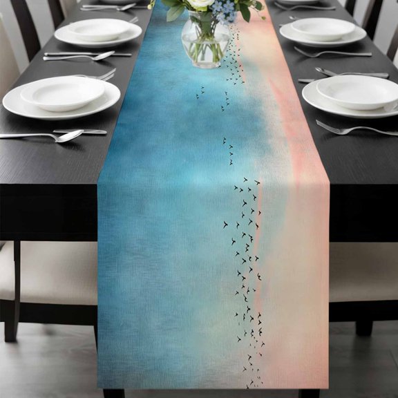 Blue Pink Ombre Sky Table Runner 36 Inches Long, Modern Sunset Glow Bird Silhouette Kitchen Coffee Dining Table Decoration for Home Party Birthday Wedding Home Decor 13x36 Inches