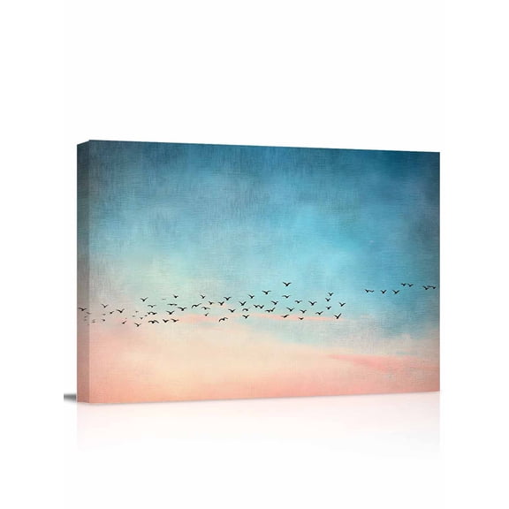 Blue Pink Ombre Sky Wall Art for Living Room,Canvas Picture Wall Decor for Bathroom Bedroom,Modern Sunset Glow Bird Silhouette Painting Artwork for Office Kitchen Hallway Dining Room Decor 12"x16"