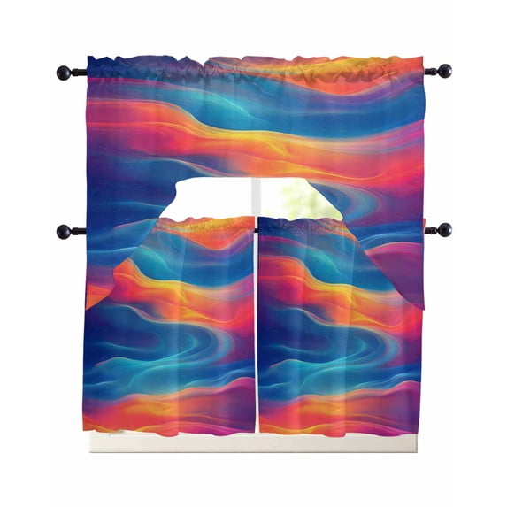 Blue Pink Orange Abstract Swag Kitchen Curtains Sets for Windows 24 Inch Length, Watercolor Water Ripple Short Window Curtain Panels Swags Valances and Tiers 3 Piece Set for Cafe/Dining Room