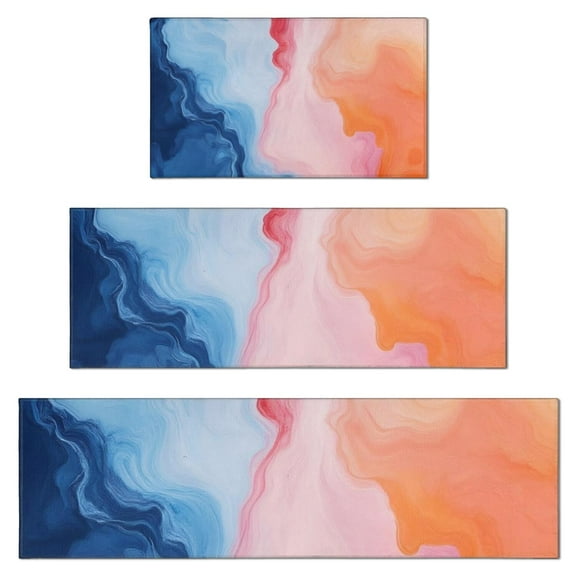 Blue Pink Orange Marble Kitchen Rugs Sets Of 3,Kitchen Runner Rugs Non Skid Washable,Decorative Kitchen Floor Mats for Kitchen,Sink,Laundry,17"x30"+ 17"x47" + 17"x59"