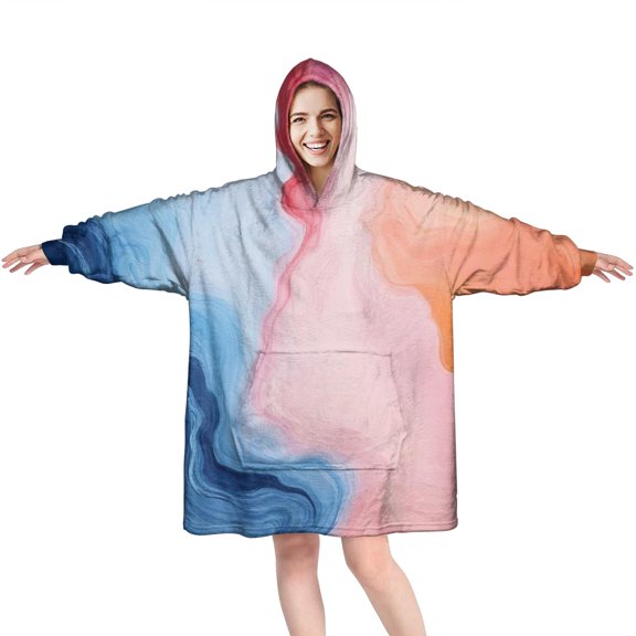 Blue Pink Orange Marble Wearable Oversized Blanket,Wearable Blanket Hoodie for Adults,Cozy Hooded Blankets with Super Pockets,Super Warm Fuzzy Pullover for Women & Men