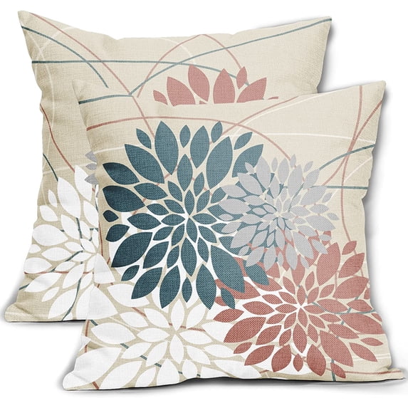 Blue Pink Pillow Covers 18x18 Flower White Gray Elegant Colored Throw Pillows Farmhouse Outdoor Decor for Home Living Room Sofa Bed Modern Floral Linen Square Cushion Case, Set of 2