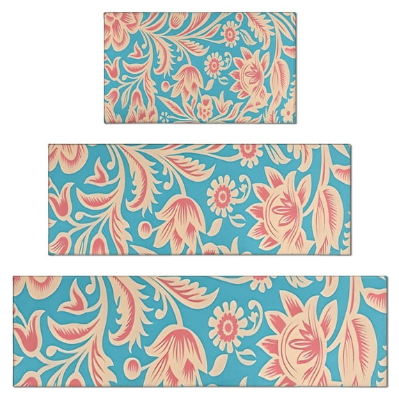 Blue and Pink Pioneer Flower Kitchen Rugs Sets Of 3,Kitchen Runner Rugs Non Skid Washable,Decorative Kitchen Floor Mats for Kitchen,Sink,Laundry,17"x30"+ 17"x47" + 17"x59"