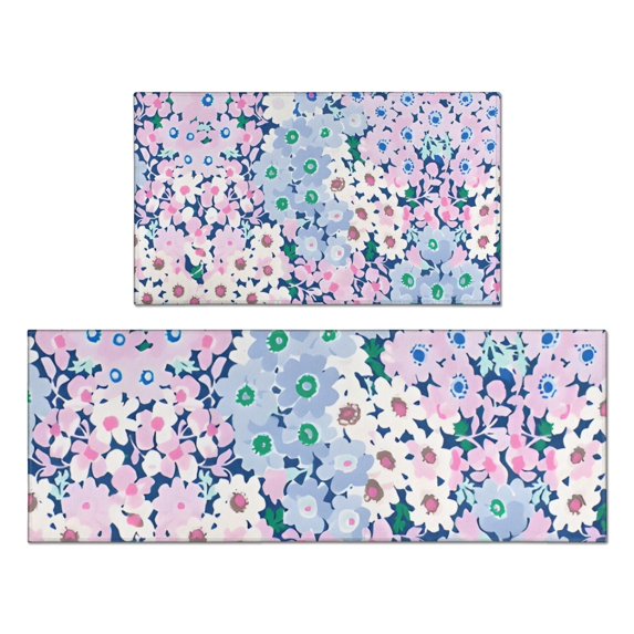 Blue and Pink Pioneer Flower Pattern Kitchen Rugs Sets Of 2,Anti Fatigue Kitchen Mat Rugs Non Slip Washable,Decorative Kitchen Floor Mats for Kitchen,Sink,Laundry,17"x30"+17"x47"