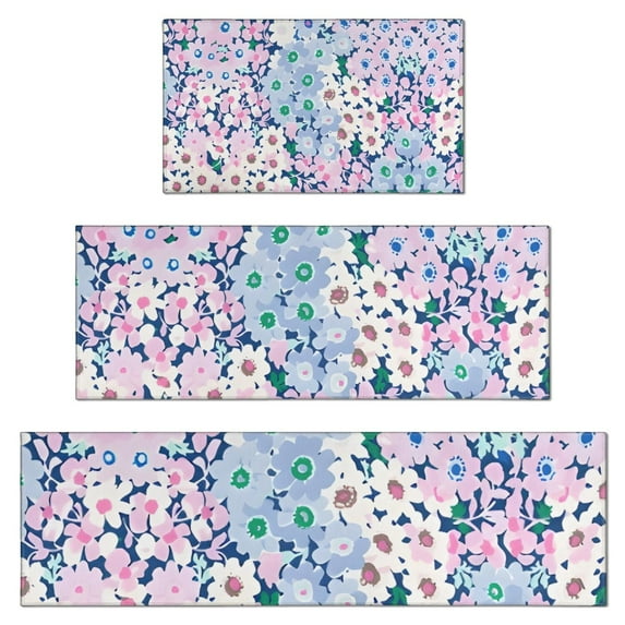 Blue and Pink Pioneer Flower Pattern Kitchen Rugs Sets Of 3,Kitchen Runner Rugs Non Skid Washable,Decorative Kitchen Floor Mats for Kitchen,Sink,Laundry,17"x30"+ 17"x47" + 17"x59"