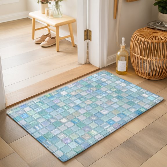 Blue Pink Plaid 2'x3' Small Rugs for Entryway Front Door Kitchen Sink Area, Boho Pale Mint Tile Matrix Modern Gingham Soft Sturdy Mats Washable Non Slip Rectangle Area Rug