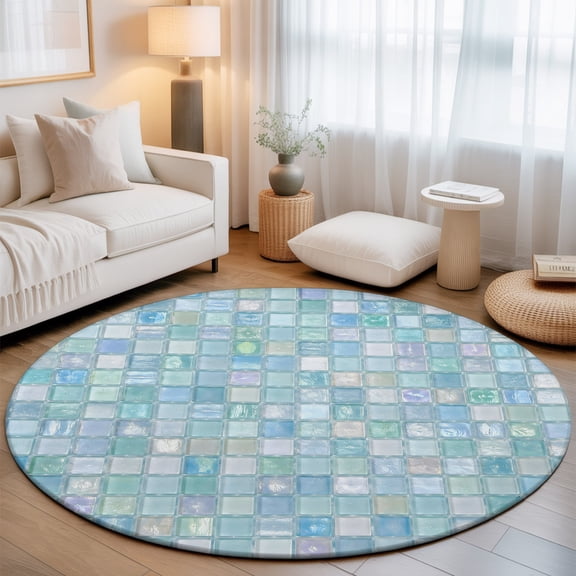 Blue Pink Plaid 3' Round Rug for Bathroom Accent Bedside Corner, Boho Pale Mint Tile Matrix Modern Gingham Washable Non Slip Soft Circle Area Rug for Small Spaces Entryway