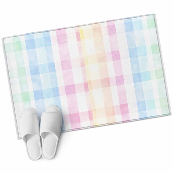 Blue Pink Plaid Bathroom Mat 2x3 FT, Non Slip Small Kitchen Mat, Pastel Green White Buffalo Patchwork Washable Soft Backed Front Door Throw Rug Non-Shedding Indoor Outdoor Doormat for Entryway Sink