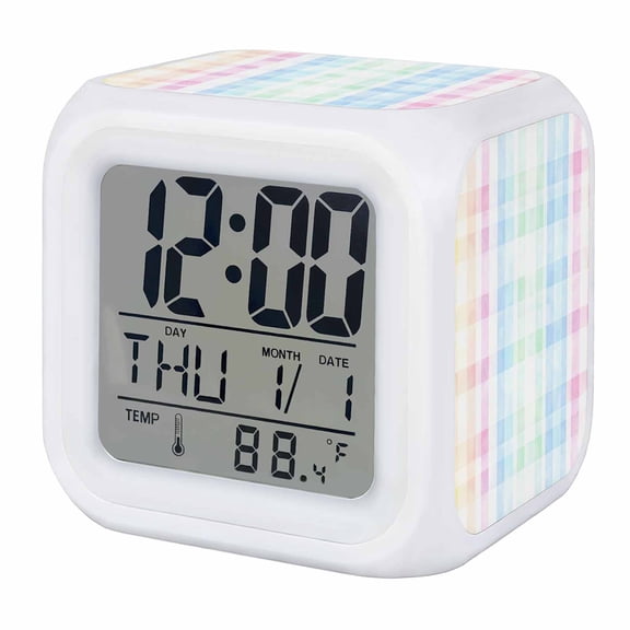 Blue Pink Plaid Digital Alarm Clock for Bedrooms, Smart LED Alarm Clock with 7 Color Changing Night Light, Pastel Green White Buffalo Patchwork Silent Wake Up Clocks for Sleep Study Cooking 3.2"x3.2"