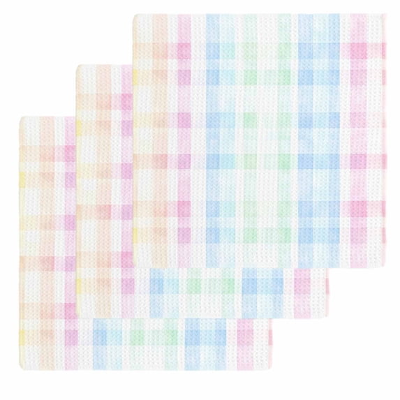 Blue Pink Plaid Dish Towels Set, Waffle Weave Kitchen Towels 3 Pieces, Pastel Green White Buffalo Patchwork Microfiber Hair Face Bath Tea Towel Absorbent Quick Drying Cleaning Dish Cloths 12"x12"