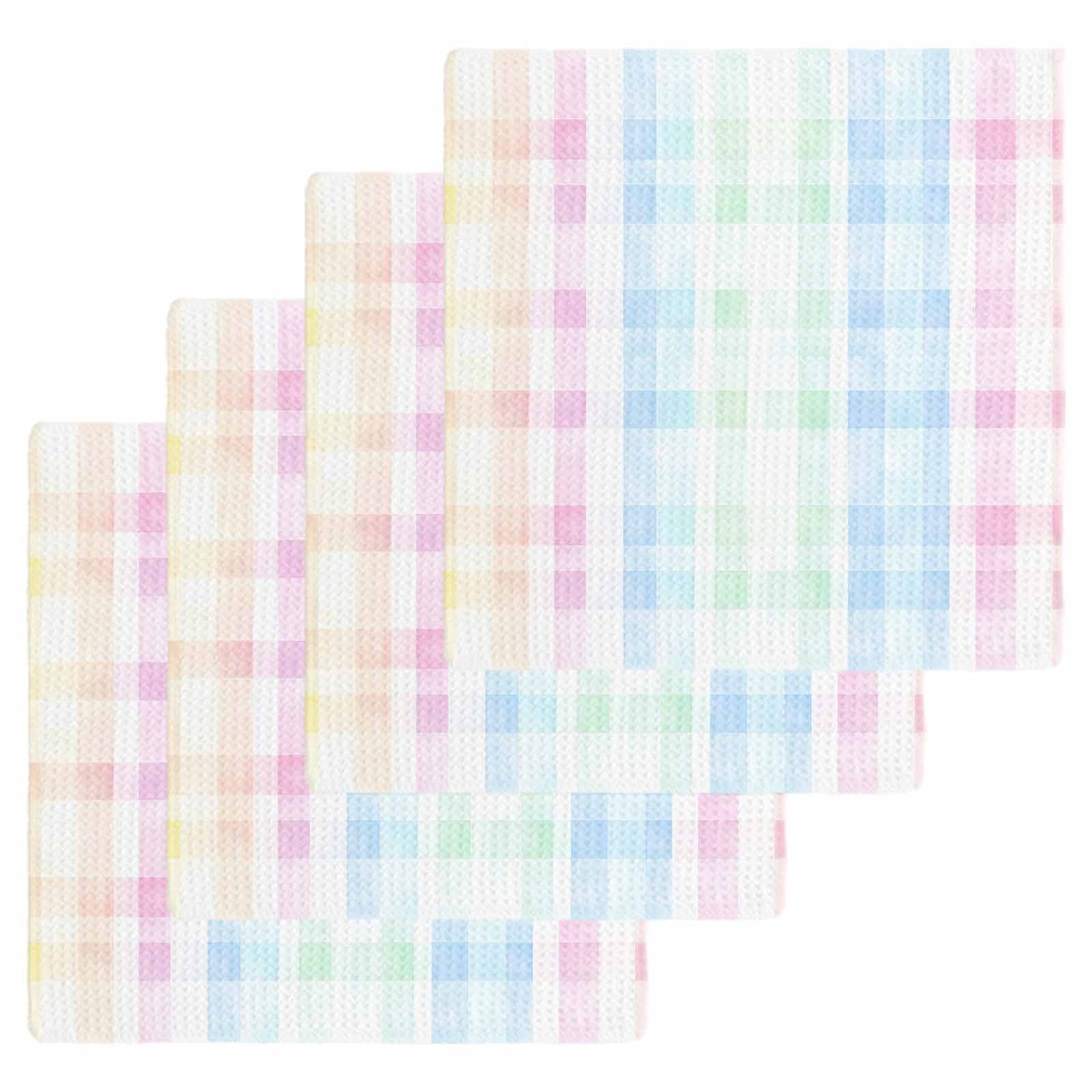 Blue Pink Plaid Dish Towels Set, Waffle Weave Kitchen Towels 4 Pieces, Pastel Green White Buffalo Patchwork Microfiber Hair Face Bath Tea Towel Absorbent Quick Drying Cleaning Dish Cloths 12"x12"