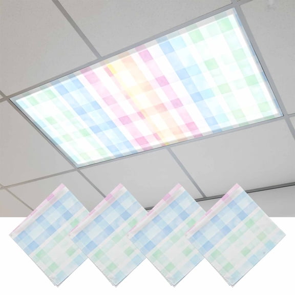 Blue Pink Plaid Magnetic Fluorescent Light Covers for Ceiling Lights 2x4Ft, Pastel Green White Buffalo Patchwork Office Classroom Kitchen Drop Ceiling Light Covers Filters Shade Panel 4 Packs