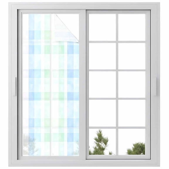 Blue Pink Plaid Privacy Window Film, Decorative Frosted Glass Window Film, Pastel Green White Buffalo Patchwork Reusable Peel and Stick Static Cling for Home Bathroom Office Glass Door 23.6"x59"