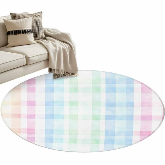 Blue Pink Plaid Round Area Rug 4 FT, Non Slip Indoor Outdoor Rug, Pastel Green White Buffalo Patchwork Washable Soft Circular Carpet Non-Shedding Floor Mat for Coffee Table Nursery Foyer Balcony