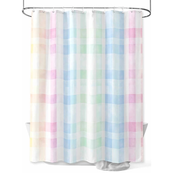 Blue Pink Plaid Standard Shower Curtain Set, Waterproof Shower Curtains for Bathroom, Pastel Green White Buffalo Patchwork Washable Fabric Cloth Bath Curtain for Bathtub with Hooks 72x72 Inches