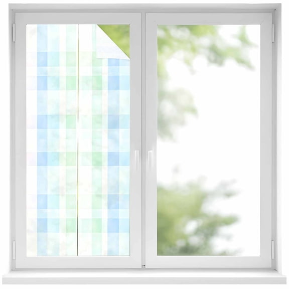 Blue Pink Plaid Window Privacy Film, Pastel Green White Buffalo Patchwork Static Cling UV Sun Blocking Heat Control Window Tint Day and Night, Non-Adhesive One Way Windows Privacy Cover 17.7''x39.3''