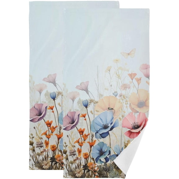 Blue Pink Poppy Floral Hand Towels for Bathroom Set of 2 Quick Dry Vintage Watercolor Poppies Wildflower Plant Bath Towels Soft Kitchen Towels Decorative Bathroom Towels for Shower 14"x28"