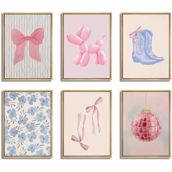 Blue and Pink Preppy Poster Set of 6 Cute Coquette Bow Boots Wall Art Aesthetic Coastal Wall Art, Trendy Girls Dorm Decor Cute Pink Bows Wall Decor for Bedroom Living Room Unframed 12x16 Inch