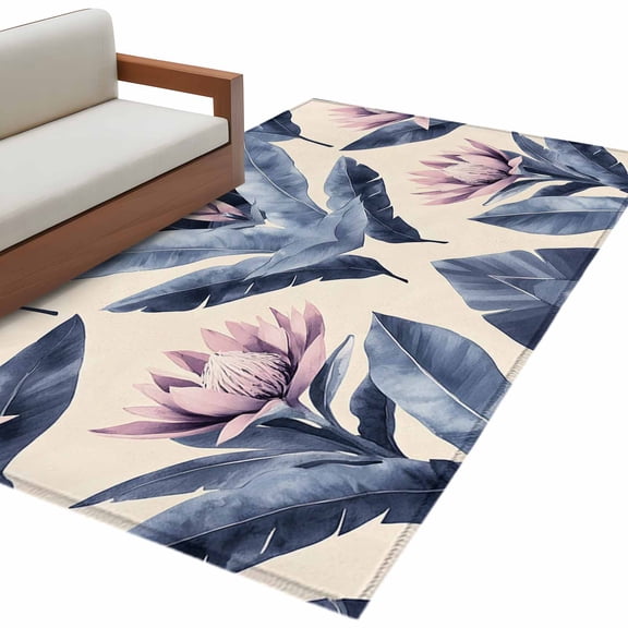 Blue Pink Purple Floral 3'x5' Washable Rug, Blooms Botanical Oil Painting Non-Slip Area Rugs for Entryway Kitchen Classroom, Dorm Throw Carpet, Low Pile Soft Indoor Floor Mat