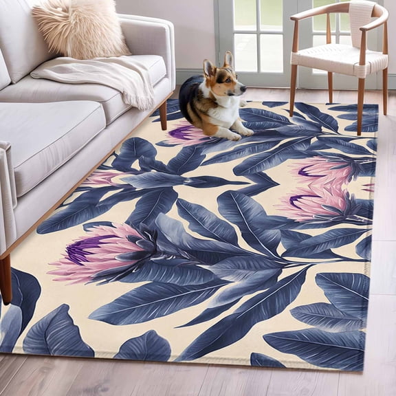 Blue Pink Purple Floral Area Rug 3x5 Washable Rug Non Slip Oil Painted Botanical Art Large Area Rug Indoor Floor Carpet for Entryway Bedroom Kitchen Living Room Home Office Dining Room Nursery