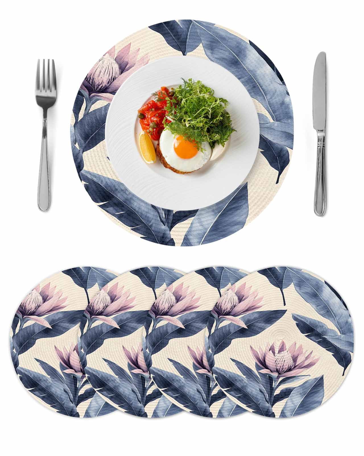 Blue Pink Purple Floral Round 13 Inch Placemats Set of 4, Blooms ...