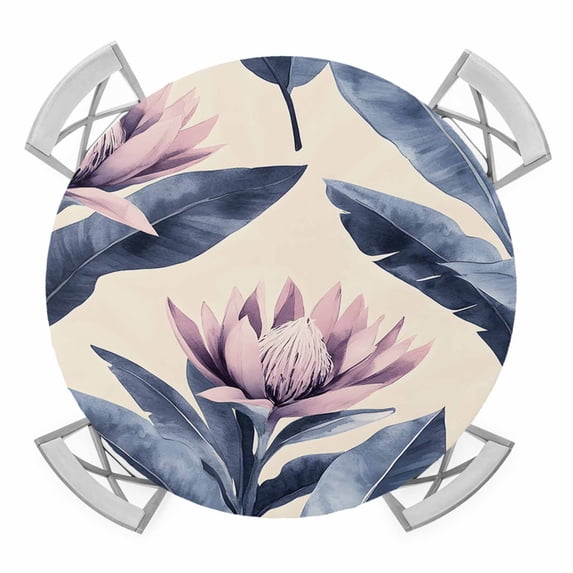 Blue Pink Purple Floral Round Tablecloth for 36-44 Inch Tables,Fitted Table Cover with Elastic Edge,Blooms Botanical Oil Painting Waterproof Outdoor Table Cloth Protector for Patio Garden Dinner