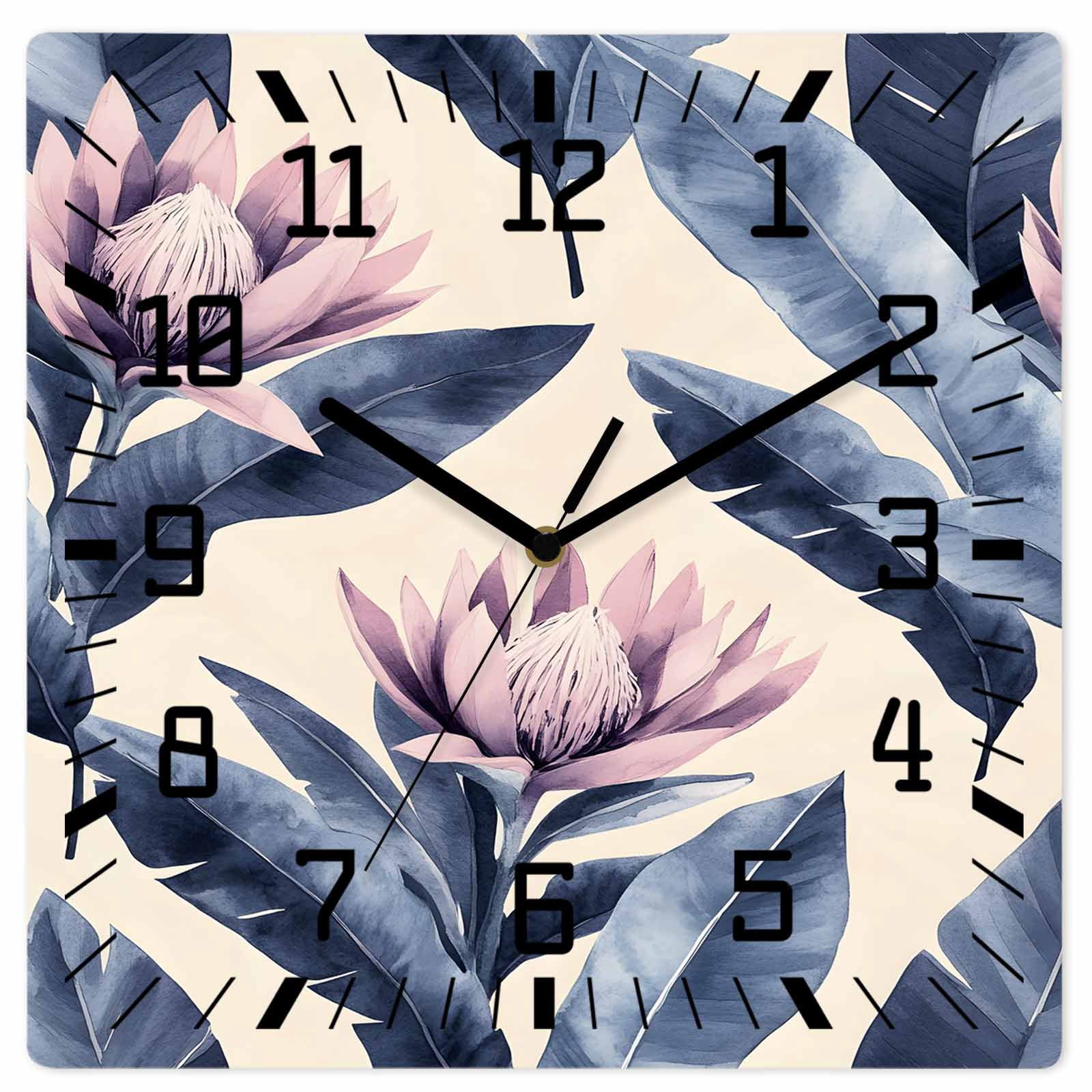 Pink Clock Square Blue Pink Purple Floral Wooden Wall Clock Silent Non Ticking, Blooms ...