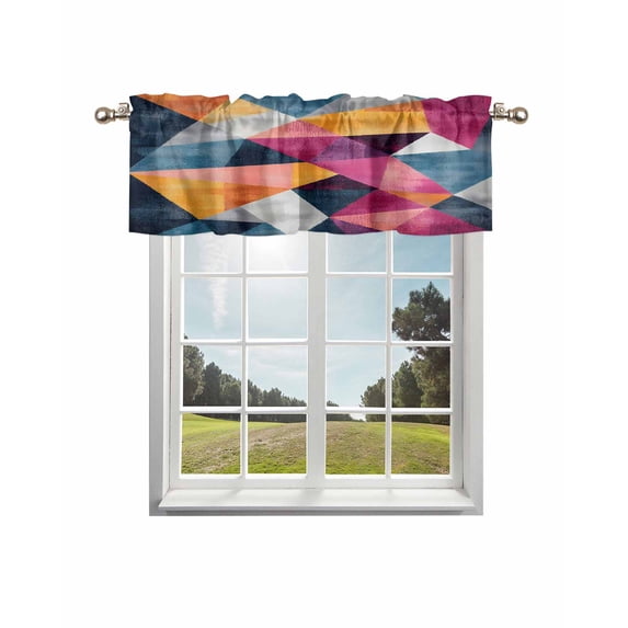 Blue Pink Rhombus Curtain Valance for Windows/Living Room/Kitchen/Bathroom/Café, Short Rod Pocket Tier Curtain Window Treatment Panel Abstract Geometric Artwork Topper Curtain 54''x18''