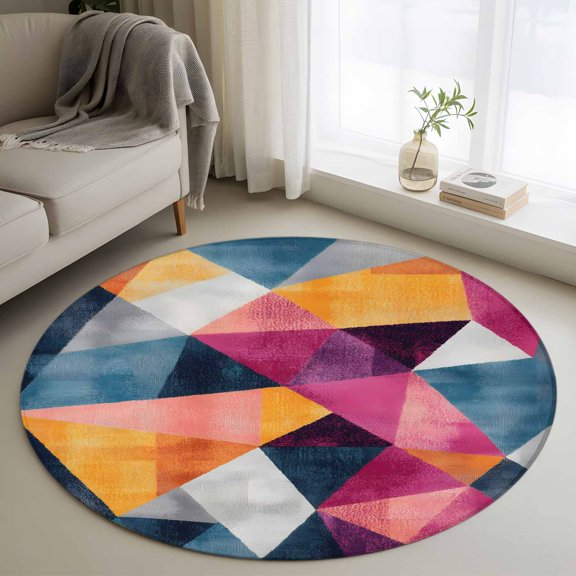 Blue Pink Rhombus Round Rug 3ft Washable Circle Entryway Rugs Non Slip Abstract Geometric Artwork Area Rug Indoor Floor Carpet for Bedroom Kitchen Living Room Home Office Dining Room Nursery