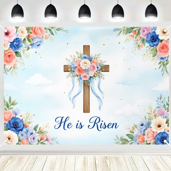 Blue Pink Rose Floral Cross Backdrop, Light Sky Easter Banner for Spring Celebration Decor & Photo Booth Background 5x7ft
