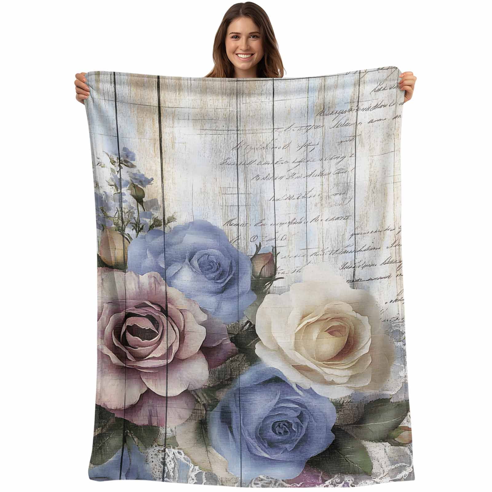 Blue Pink Roses Blanket Soft Cozy Warm Throw Blanket for Couch, Plush ...
