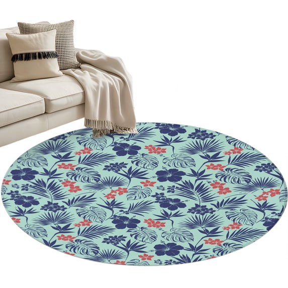 Blue Pink Round Rug 4ft Washable Circle Entryway Rugs Non Slip Tropical ...