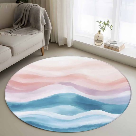 Blue Pink Round Rugs for Living Room 4ft Ombre Sea Wave Abstract Watercolor Ocean Coastal Non Slip Circle Rug Washable Low-Profile Indoor Carpet for Bedroom, Dining Room, Bathroom