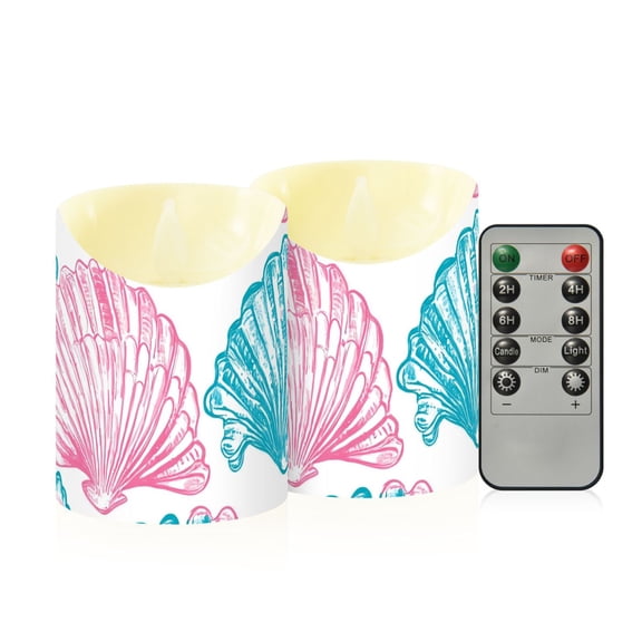 Blue Pink Seashells Hand Painted Flickering Flameless Candles with Remote Timer Battery Operated LED Tealight Set of 2 M